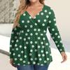 Women's Plus Size Shirt Long Sleeve  Print Top Pleated Casual V-Neck Top