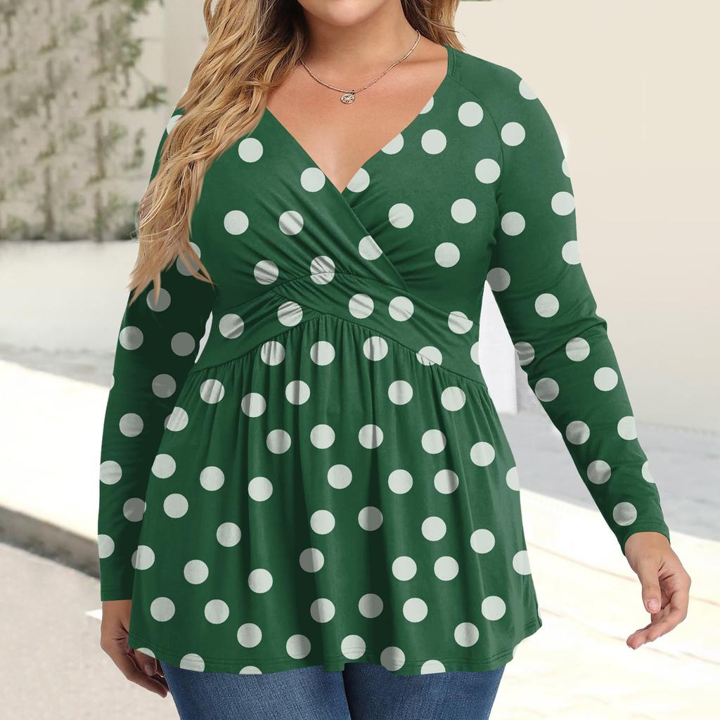 Women's Plus Size Shirt Long Sleeve  Print Top Pleated Casual V-Neck Top