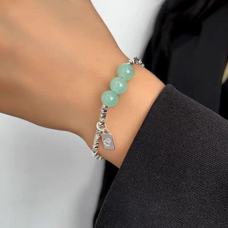 Small fresh Fu brand broken silver bracelet niche jade beaded bracelet design sense versatile girlfriend hand jewelry women