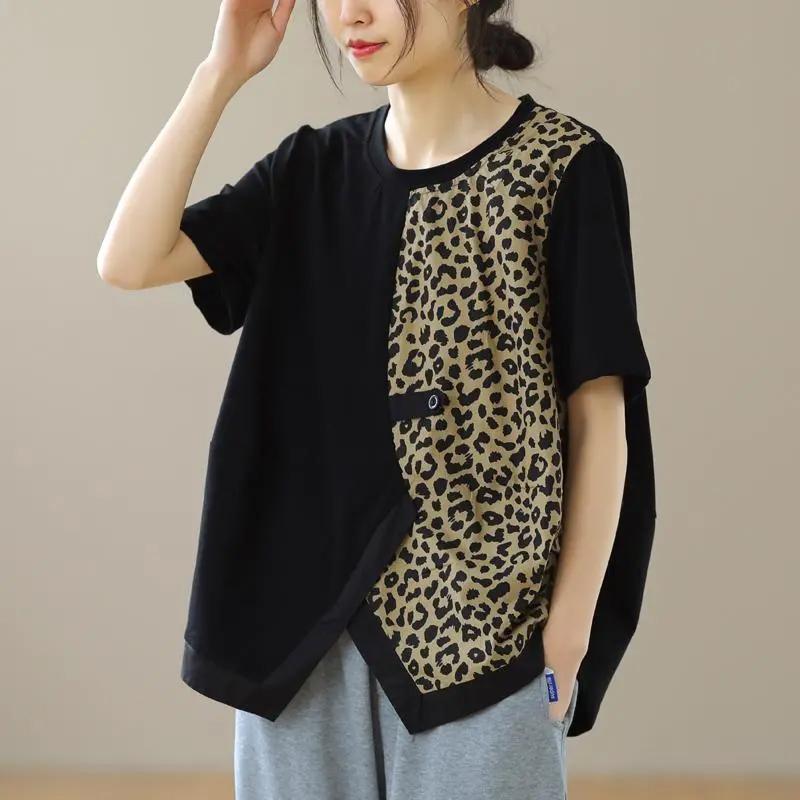 T-shirt for Women Summer Large Size Cotton T-shirt Soft Loose Leopard Casual Comfortable Pullover T-shirt Top