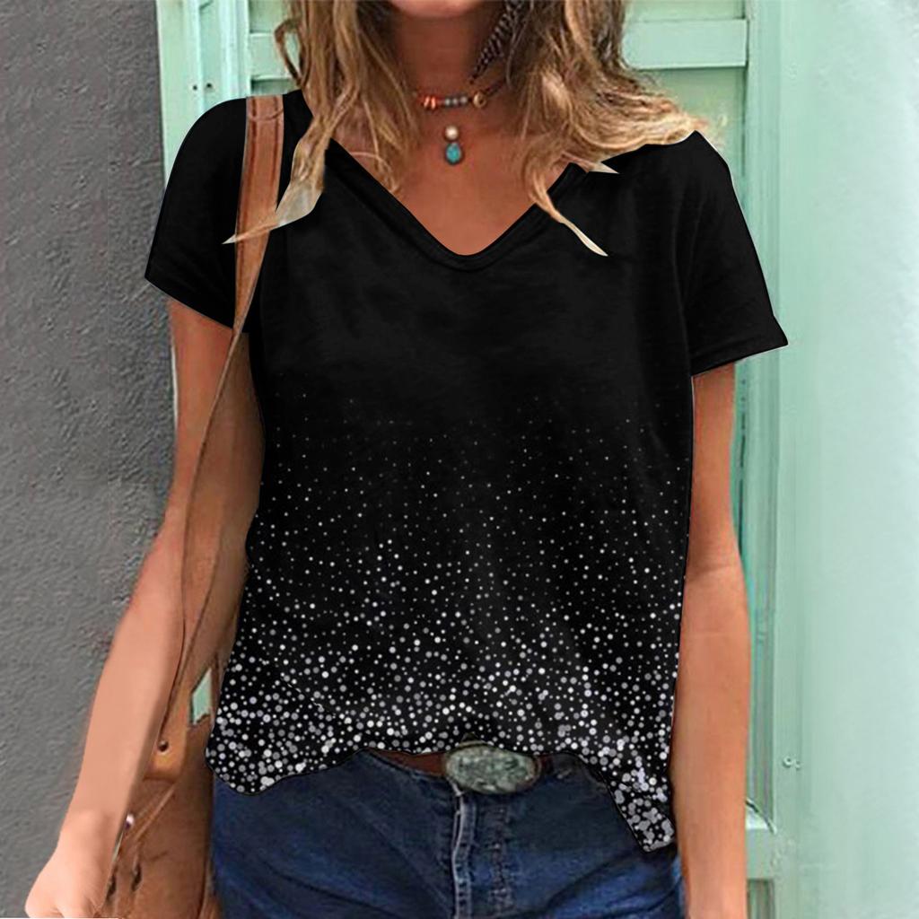 Summer Gradient 3d Printing Women's V-neck Short-sleeved Y2k Blouse Harajuku Street Oversized T-shirt