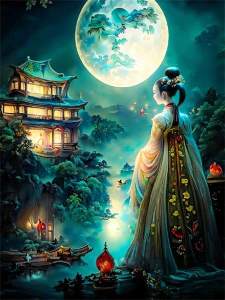Chińskie Starożytne Kobiety Plakaty i Druki Pejzaż Księżycowy Abstrakcyjny Obraz na Płótnie Sztuka Ścienna Fantazyjne Obrazy Salon Dekoracja Domu