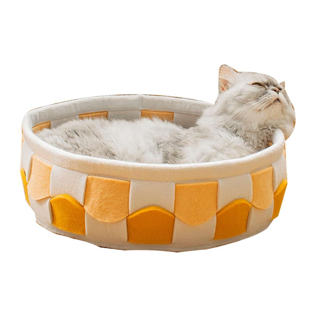 Round Cat Bed Soft Wave Line Braid Double Sided Universal Large Small Dog Bed for Winter Summer Yellow