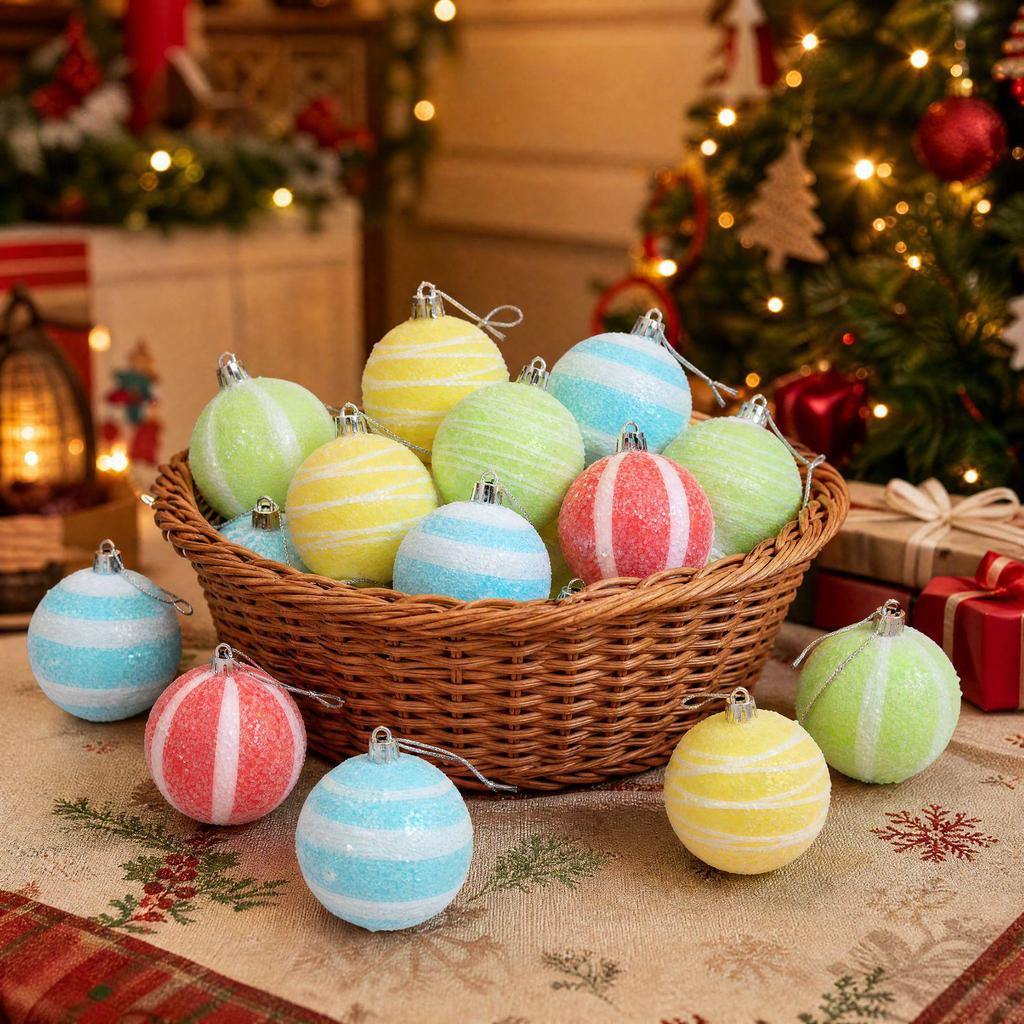Multicolor Glitter Candy Striped Christmas Ball Ornament, 6cm – Blue, Green, Yellow, Red