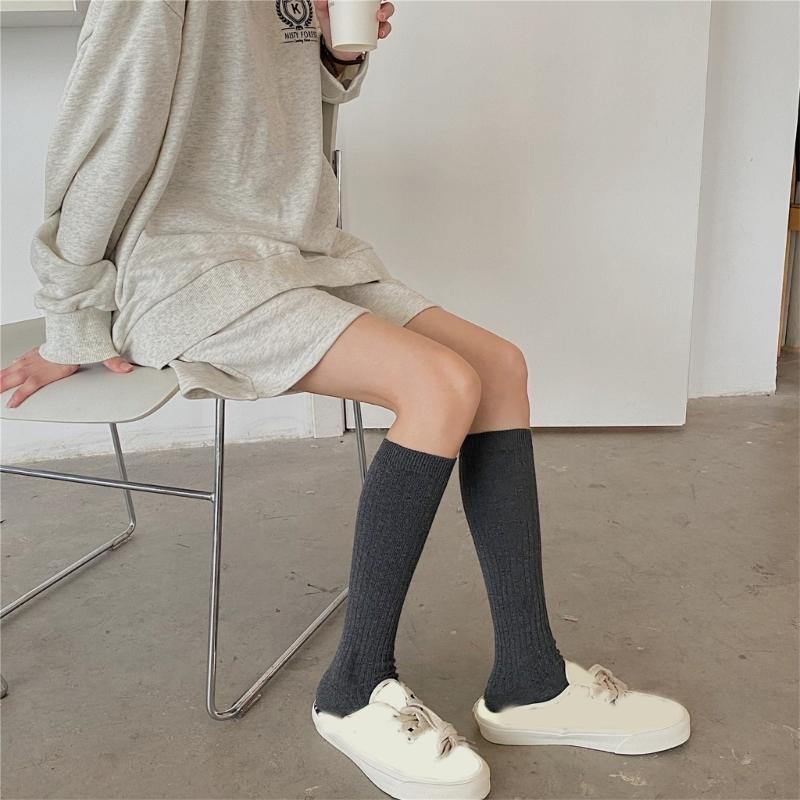 Women Ribbed Knitting Cotton Long Socks Autumn Winter Warm Fashion Solid Color Casual Breathable Knee High Stockings