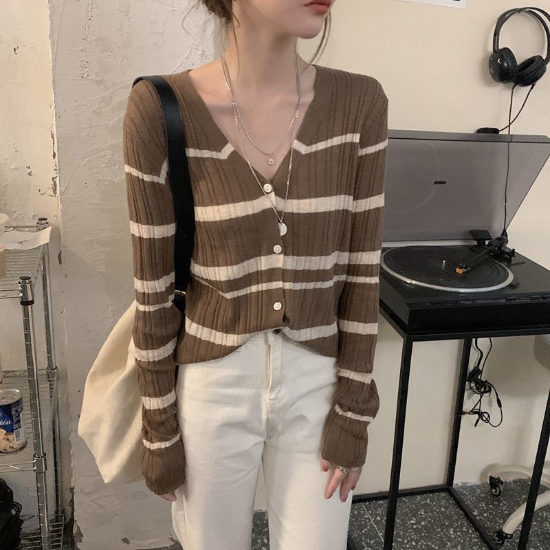 Women's Spring Outer Wear Color Block Striped Knit Cardigan Sweater Coat Slim Short Long-sleeve Top
