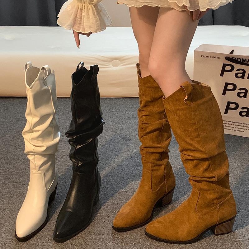 Winter Pointed Toe Women Knee High Boots Thick Heels Stripper Mordern Long Booties Shoes Zapatos De Mujer