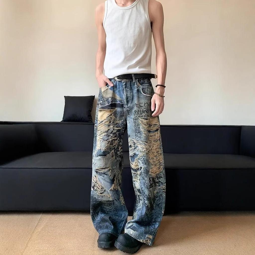 Women's Retro Graffiti Wide Leg Jeans - Casual Distressed Long Pants