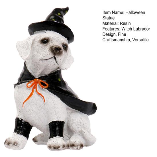 Halloween Labrador Puppy Statue Resin Witch Dog Figurine with Hat Cape Spooky Pet Sculpture Home Garden Decor