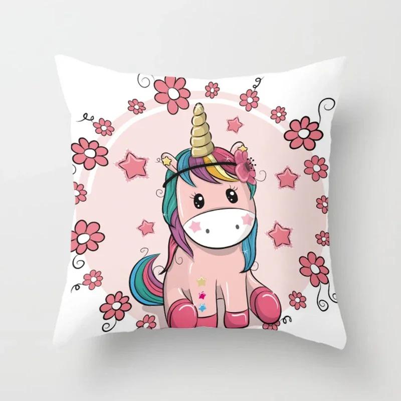 Niedliches Einhorn-Printmuster Quadratisches Kissen Polyester Kissenbezug Sofa Bürostuhl Kissenbezug Einfache Heimdekoration