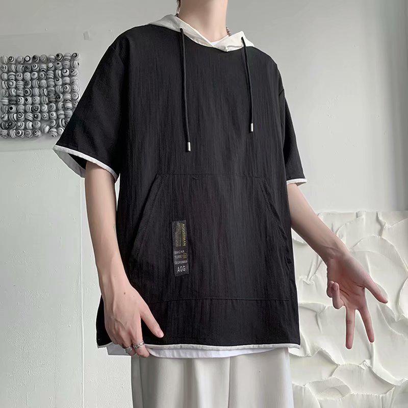 

Мужская футболка из двух частей с короткими рукавами и капюшоном из искусственного шелка контрастного цвета в гонконгском стиле, свободный летний тренд.