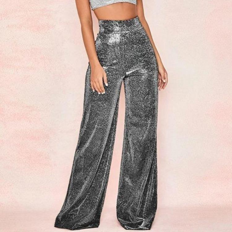 Damskie Modne Spodnie z Wysokim Stanem Szerokimi Nogawkami Błyszczące Luźne Proste Spodnie Wygodne do Codziennego Noszenia Jednokolorowe Temperament Wiosna Jesień