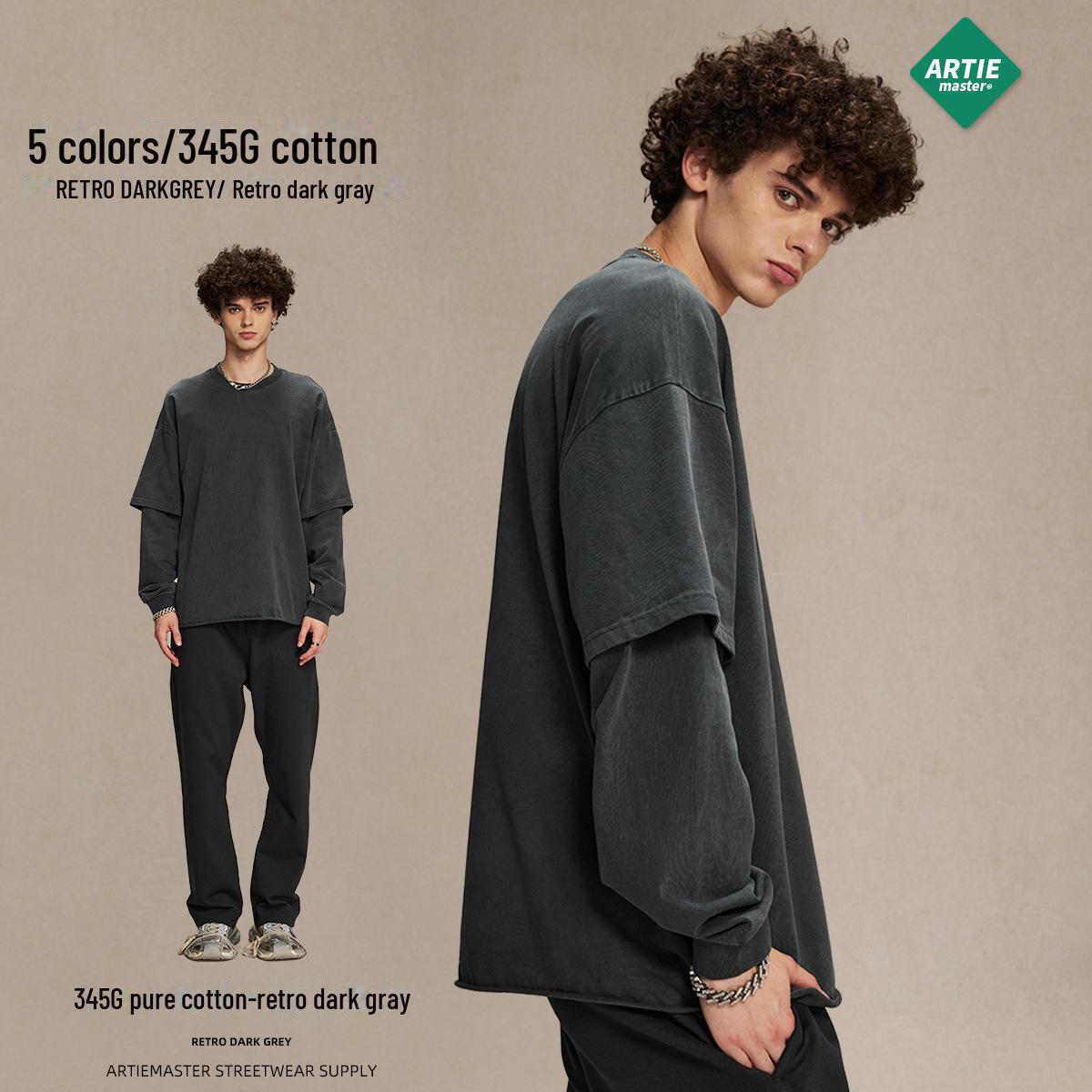 

Мужская ретро-футболка «два в одном» с длинными рукавами и закругленным воротом (Коллекция осень 2024) M