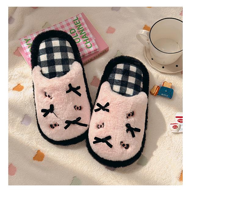Cute Kitty Bow Slippers: Women's Non-Slip Comfortable Cotton Indoor Shoes for Autumn and Winter