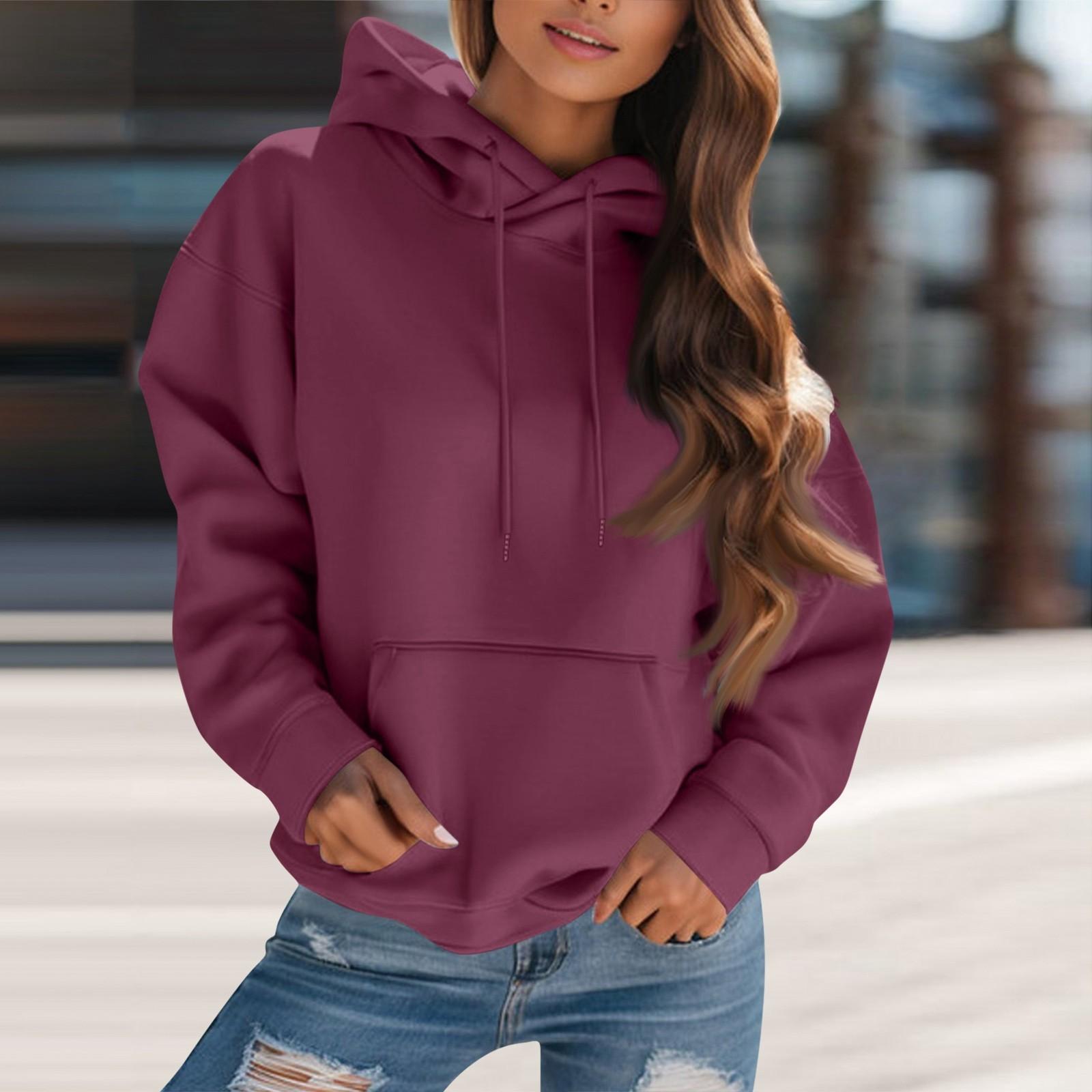 

Женская мода однотонный капюшон с завязками на длинные рукава свободный пуловер свитшот топ L