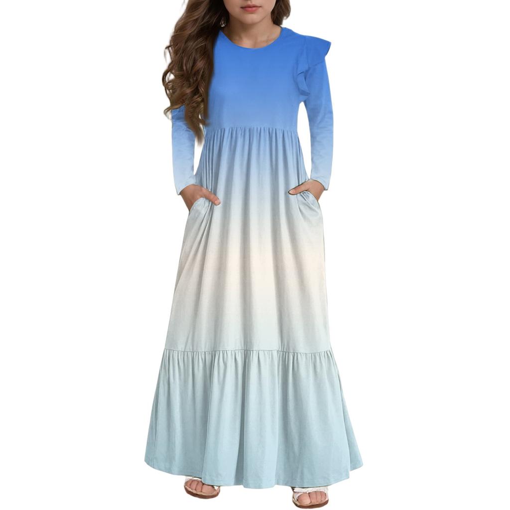 Mädchen Stufenkleid mit Rüschen - Langärmeliges bedrucktes Maxi mit Taschen