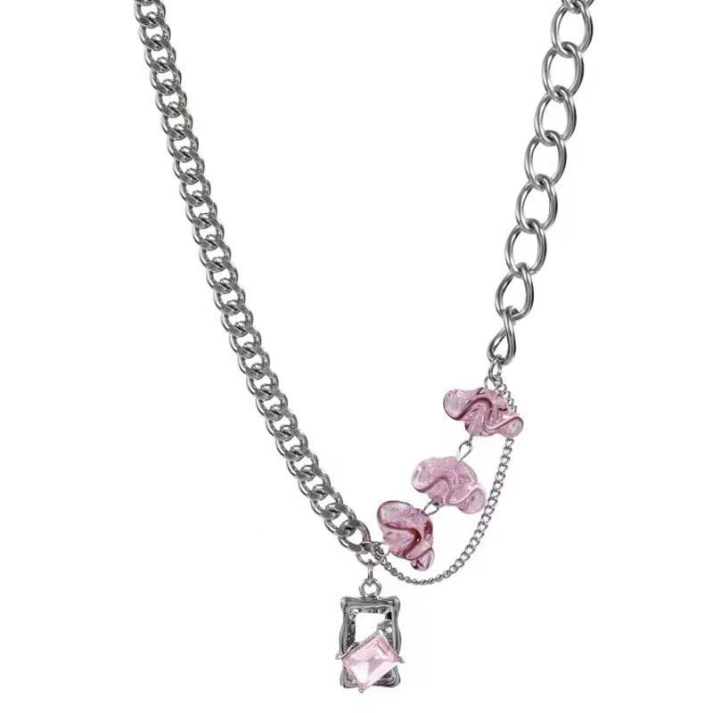 New pink square diamond flower splicing necklace titanium steel personalized accessories trendy jewelry necklace women