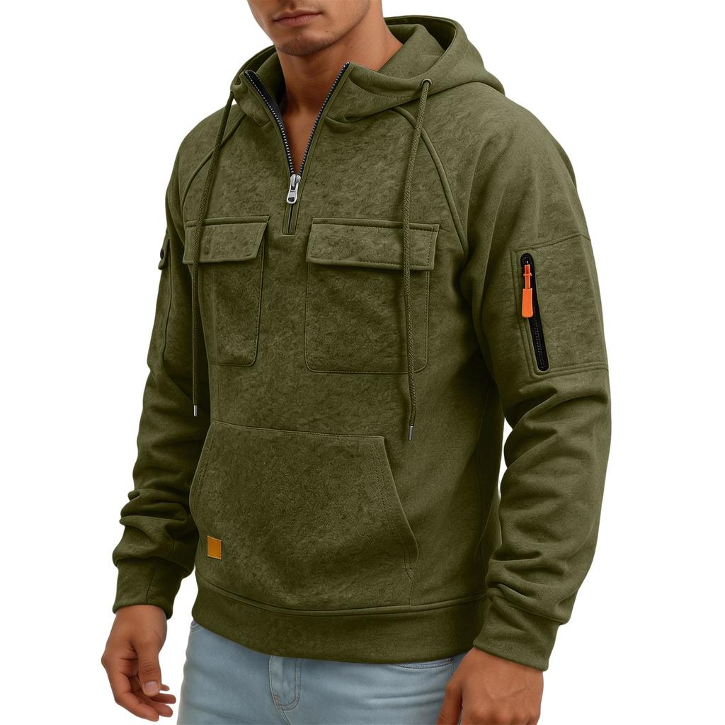 Men's Quarter-Zip Cargo Hoodie with Multi-Pockets Casual Sweatshirt for Everyday Wear