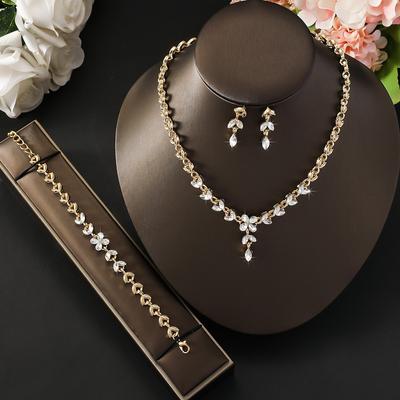 4PC Women's Simple Alloy Zircon Petal Necklace Earrings Bracelet Zircon Set, Suitable for Wedding, Party, Festival Gifts-8485
