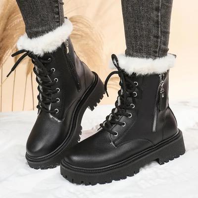 Winterliche Plüsch-Ankle-Boots für Damen, rutschfeste, dicke Sohle, flauschige Schneestiefel, kurze Stiefeletten aus PU-Leder, klassische Baumwollschuhe für Damen
