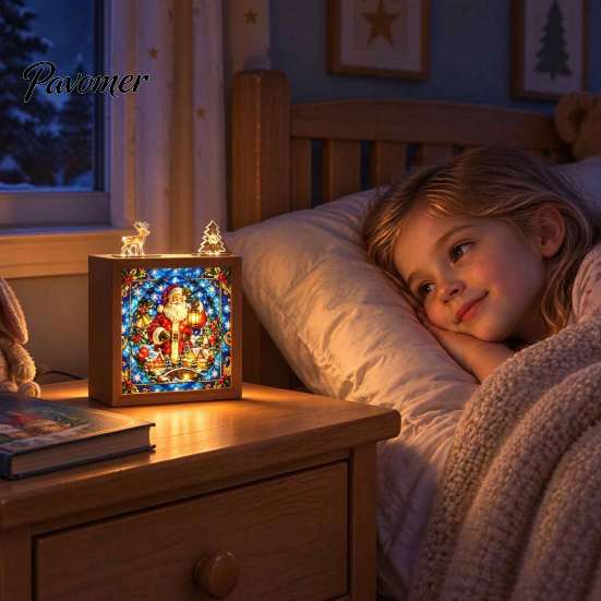 Decorative Room Lighting Christmas Acrylic Puzzle Night Light with Wooden Frame, DIY Stained Glass Style Creative Gift for Kids Jigsaw Lamp