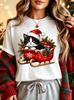 Cute Santa Hat Tuxedo Cat Sleigh Gift Womens Crew Neck Short Sleeve T Shirt Xmas Holly Snowflake Casual Graphic Tees For Ladies
