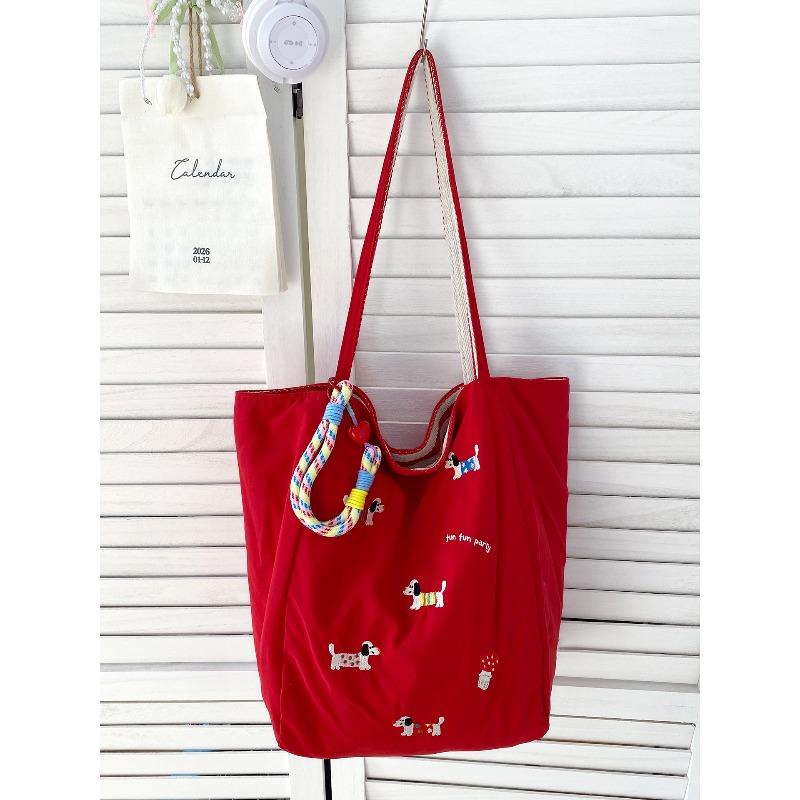 Early spring new dopamine double-sided shoulder bag cute dachshund dog embroidered canvas bag small fresh nylon underarm bag