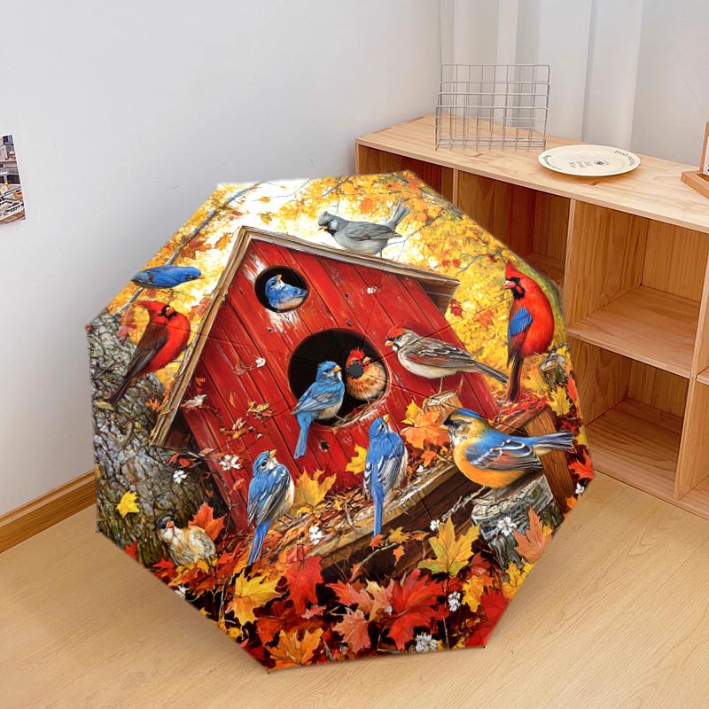 1 PC Automatic Folding Umbrella - Autumn Birdhouse Birds Pattern, Portable & Foldable Design with 8 Ribs, Christmas Birthday Gifts