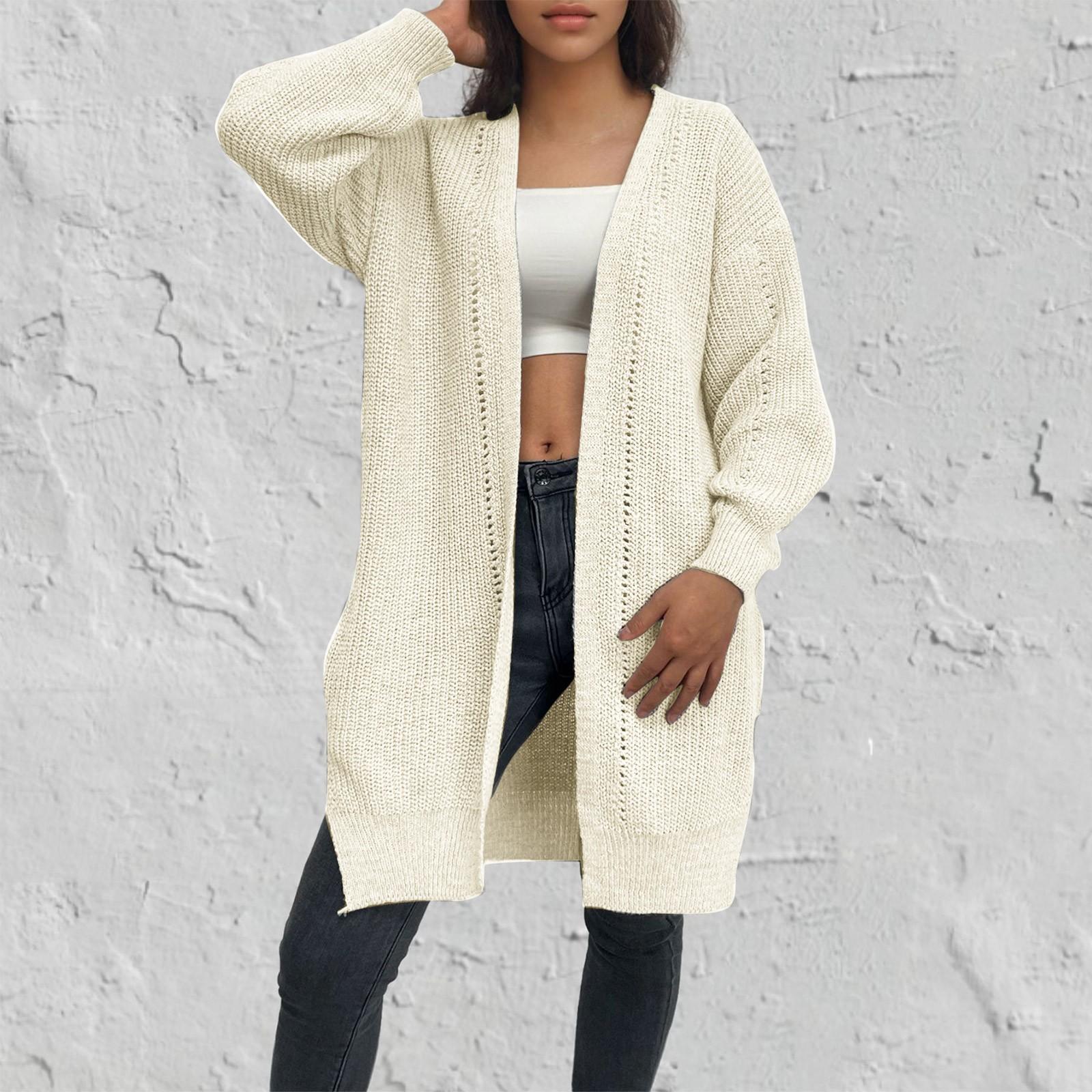 

20/5000 Женский однотонный свободный трикотажный кардиган средней длины с длинным рукавом для женщин S бежевый