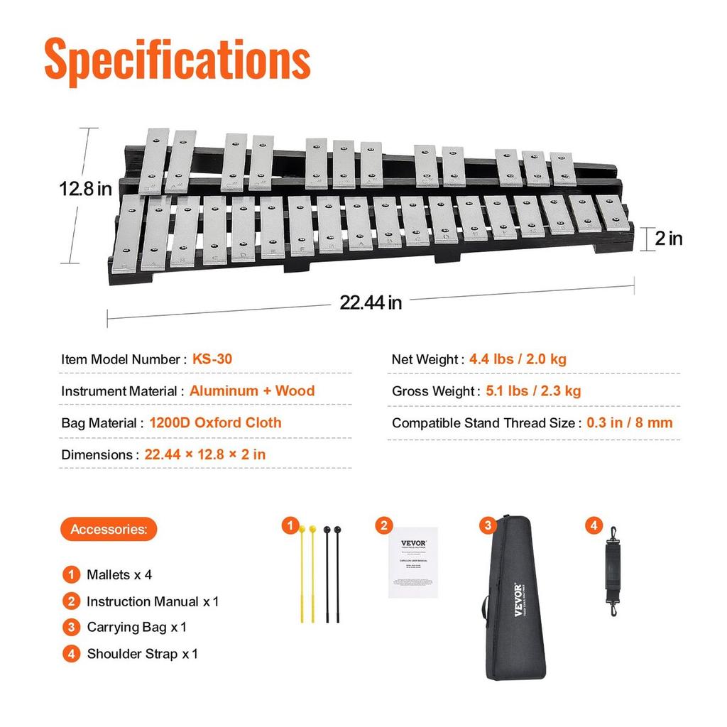 30 Note Glockenspiel Xylophone Bell Kit with Mallets, Drum Sticks and Bag