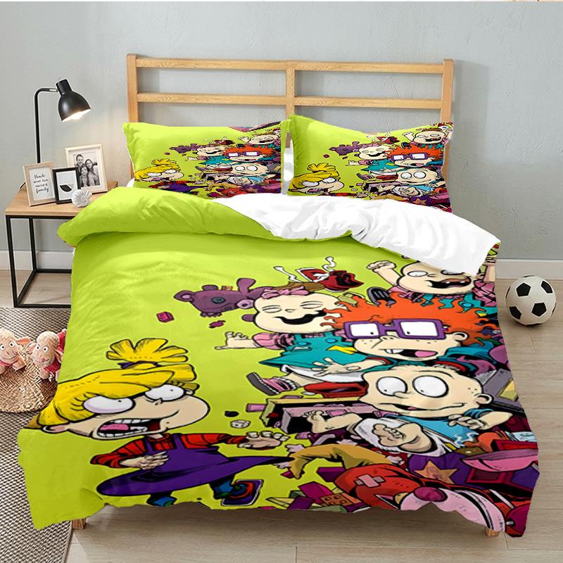 3PCS Rugrats Friends Bedding Set Printed Duvet Cover Closure Includes 1 Duvet Cover & 2 Pillowcases for All Seasons Bedroom Decor