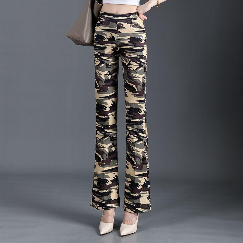 Women's Camouflage Army Green Micro-Flare Pants - Slim Fit, Plus Size, Versatile, Casual, Summer Style
