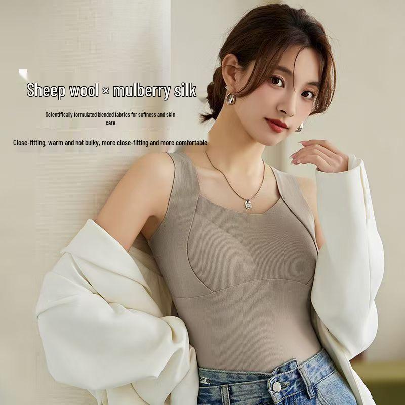 Women's Cashmere Warm Vest with Fixed Bra Cups, Fleece-Lined for Autumn/Winter, Thickened One-Piece Base Layer Top