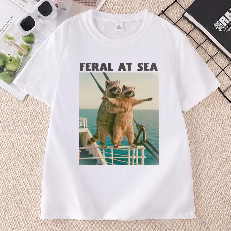 Funny Raccoon Parody TShirt Feral At Sea Cruise TShirt Vacation Graphic T Shirts Summer Round Neck Printed Clothing Tops