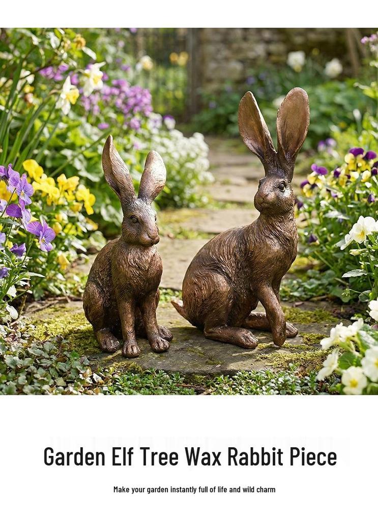 Aged Antique Bronze Long-Eared Rabbit Ornament for Garden and Photos