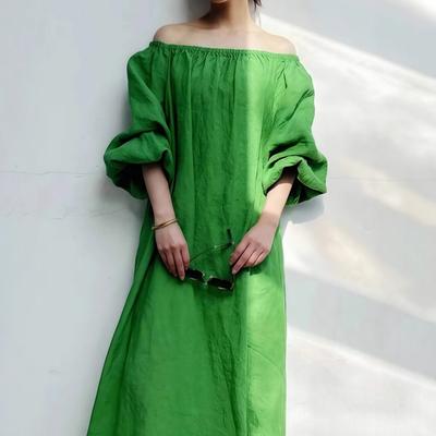 Kadın Off Shoulder Üç Çeyrek Kollu Maksi Elbise Bol Kesim Lastikli Bel Düz Renk Keten Günlük Elbise