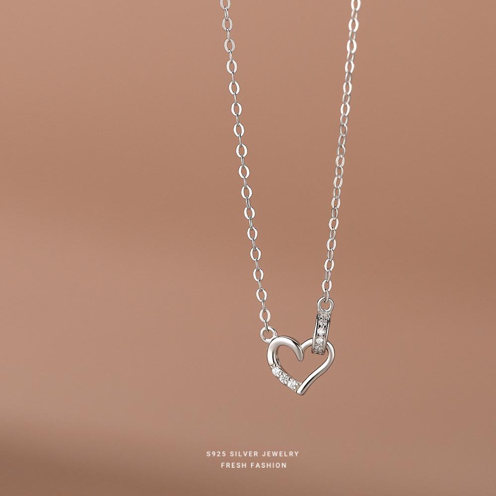 

925 Sterling Silver Korean Micro-Set Zircon Heart Pendant Necklace for Women Simple Light Luxury Jewelry 45cm серебряный
