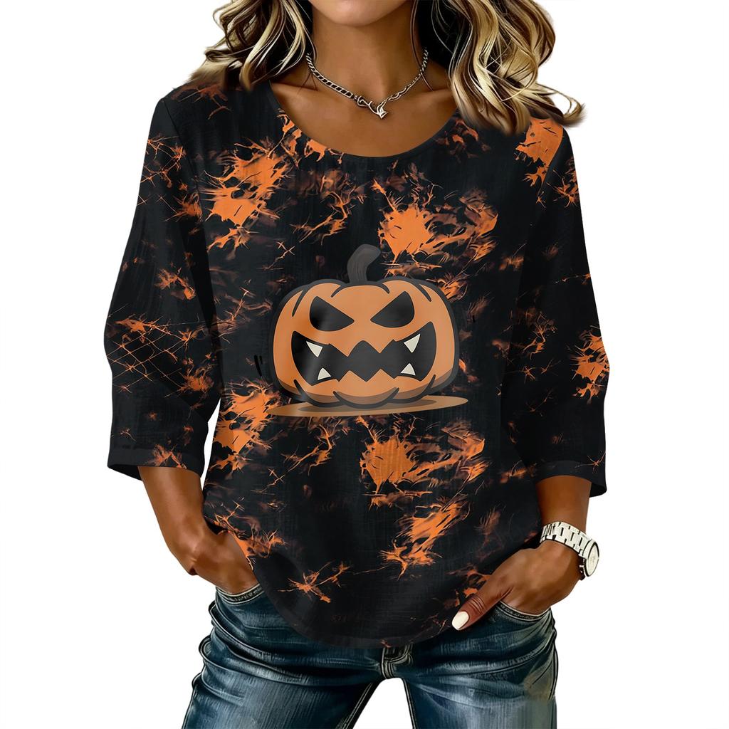 Women's Casual Halloween Print Three-Quarter Sleeve Round Neck Cotton Linen Blouse