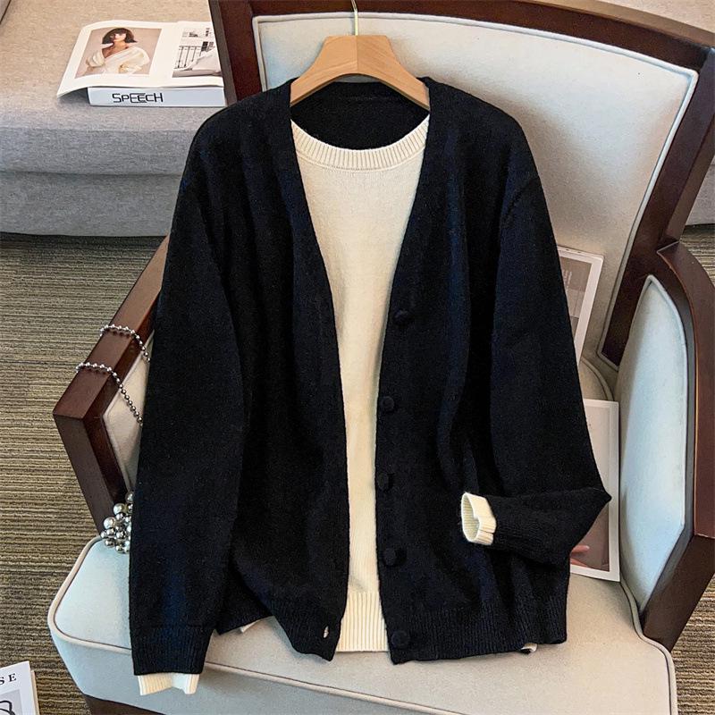 Damen Plus Size Lockeres Cardigan- und Pullover-Strickwaren-Set (Brust 150/160), 200/300 Jin
