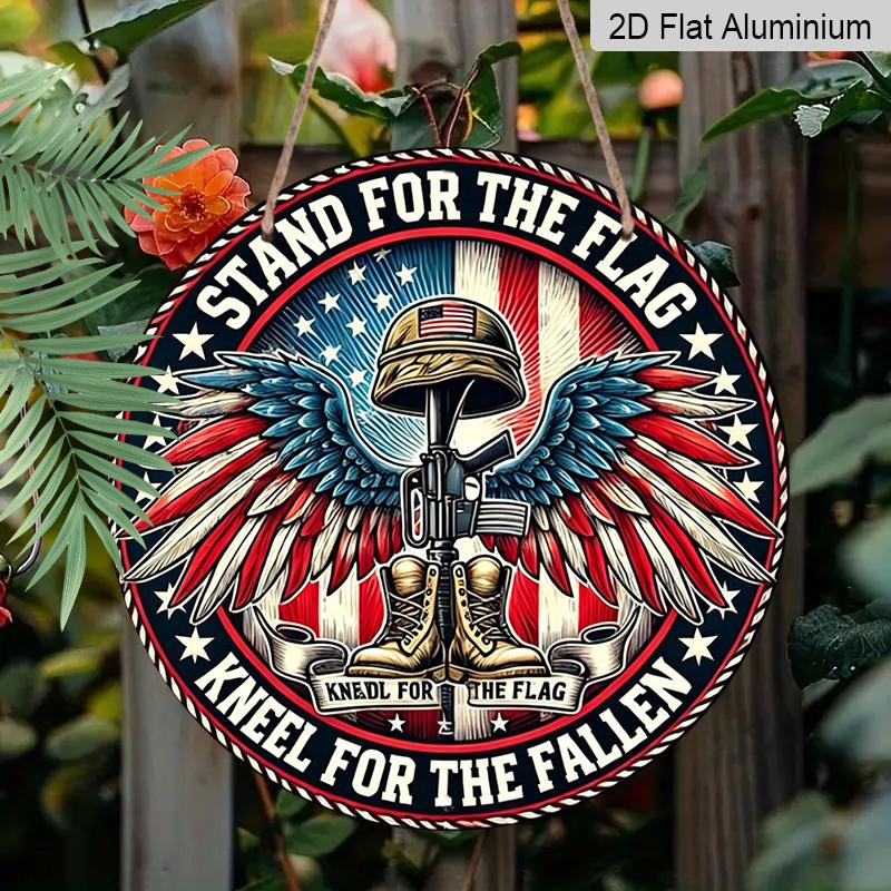 2D Flat, 1pc Round Aluminum Hanging Sign - "Stand For The Flag Kneel For The Fallen" Patriotic Metal Wall Art, American Flag & Military Boots Design