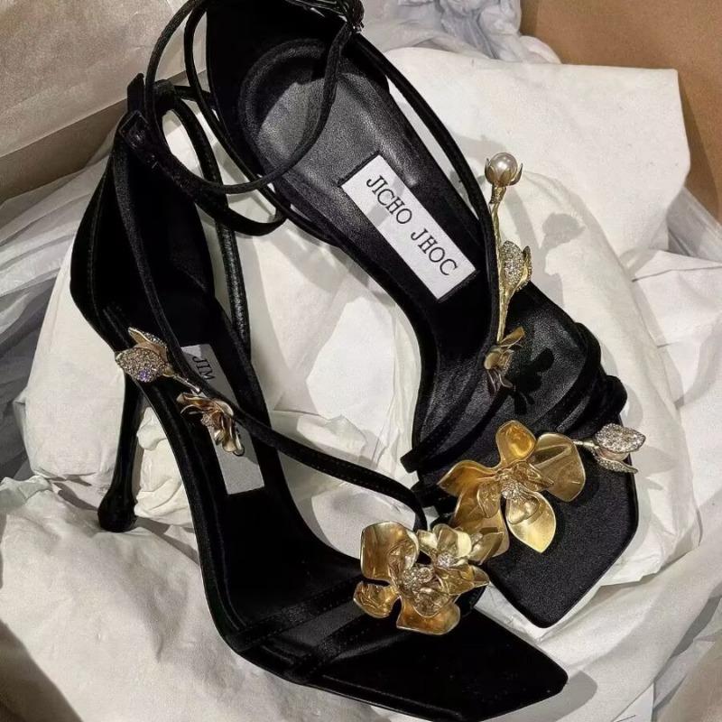 Fashion Women's Fashion Bag Heel Sandals Summer New Square Head Open Toe Metal Flower Anti-slip Wear-resistant Stiletto Heels
