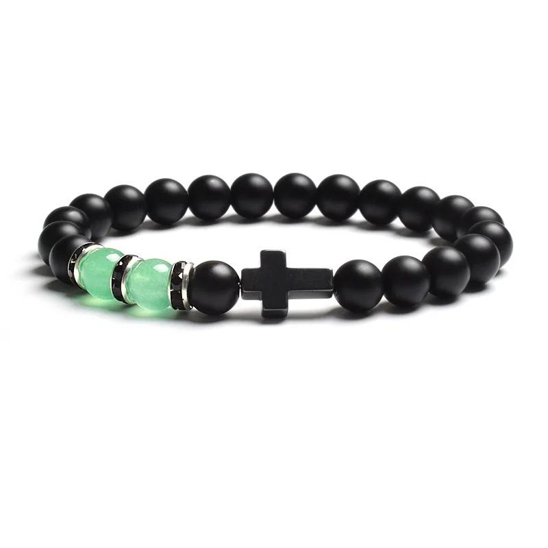 Fashion Religion Cross Men Women 8mm Natural Stone Tiger Eye & Black Matte Agates Bead Bracelet Elastic Bracelet Bangle Jewelry