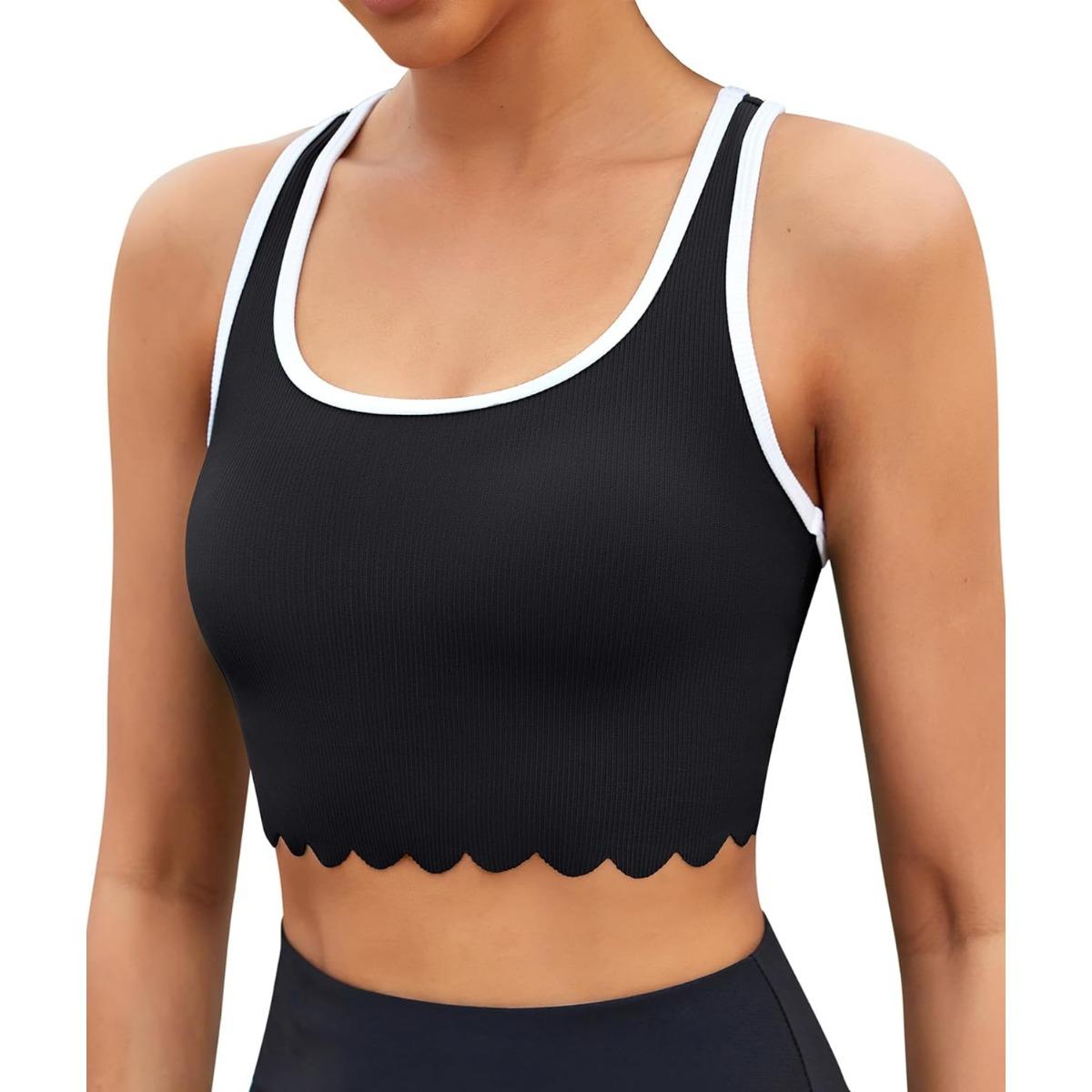 

Топы бикини Charmleaks для женщин, с круглым вырезом, в рубчик, с зубчатым верхом, мягкий купальный костюм, топ, спортивный купальник, топ S чёрный