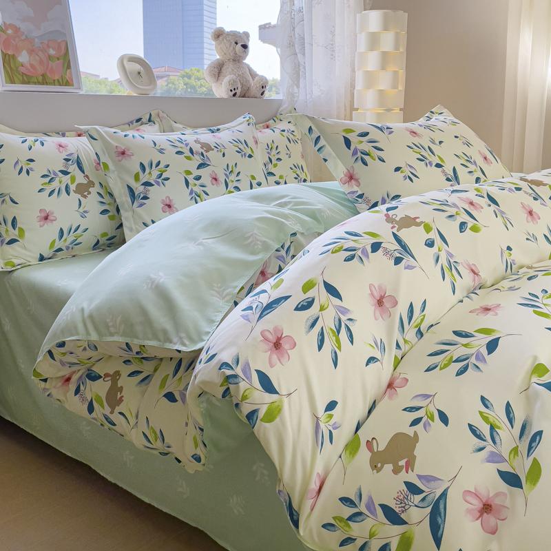 4pcs Cartoon Love Duvet Cover Set Simple Blue Plaid Bed Sheet Adults Kids Teenagers Bedding Comforter Cover with 2 Pillowcases