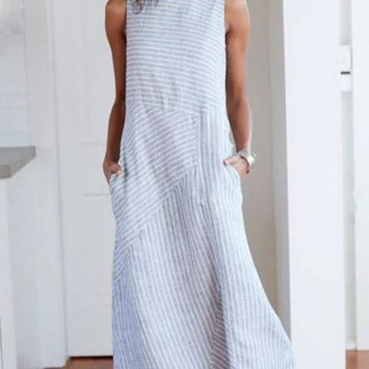 Striped Round Neck Sleeveless Plus Size Slim Dress Comfortable Breathable High Recognition Elegant Slimming Flattering Fit