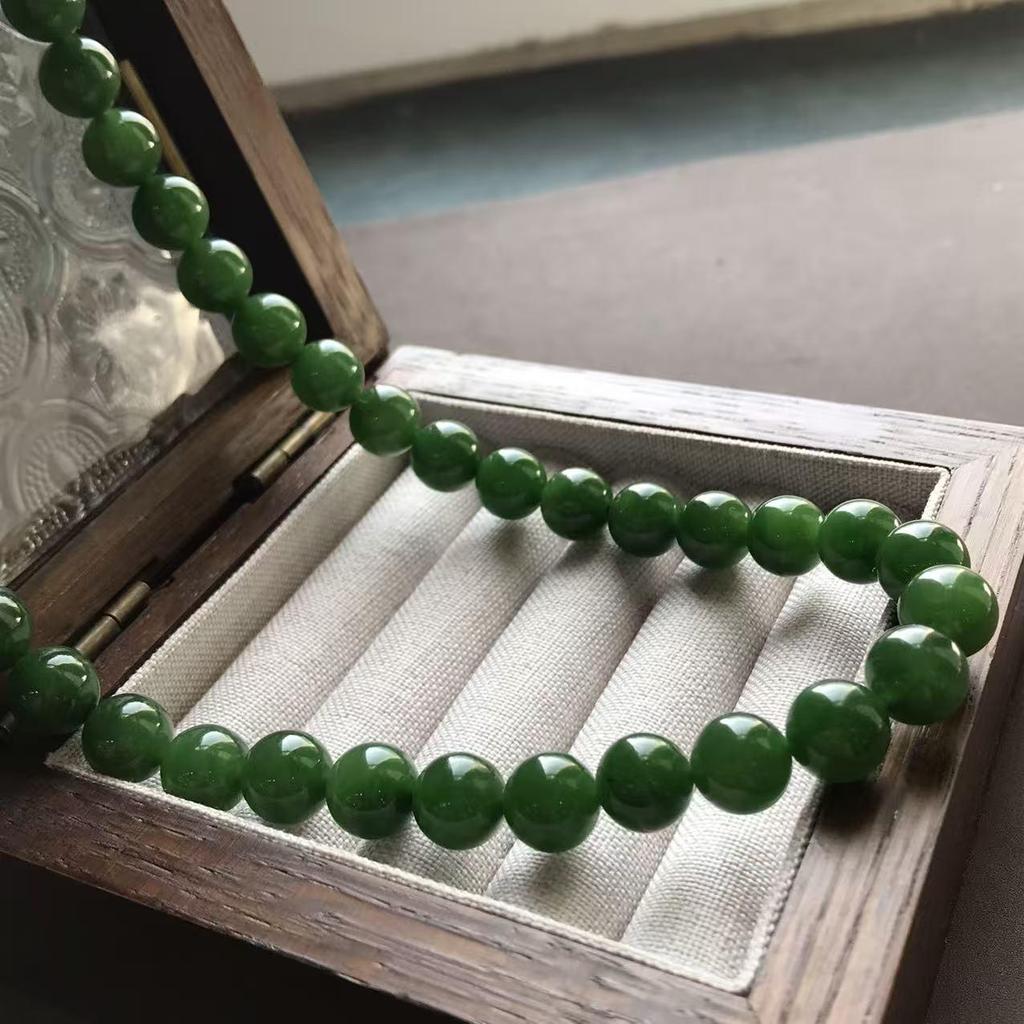 Eleventh National Day Mid-Autumn Hetian Jade Necklace - Spinach Green, 10mm beads, Mother Chain - Warm, Classical Collection