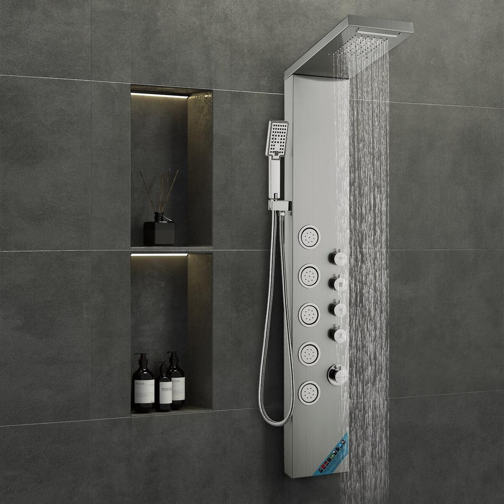Shower Panel System, 4 Shower Modes Shower Panel Tower, Rainfall, Waterfall, 5 Full Body Massage Jets and 3-Setting Handheld Shower Head with 59"