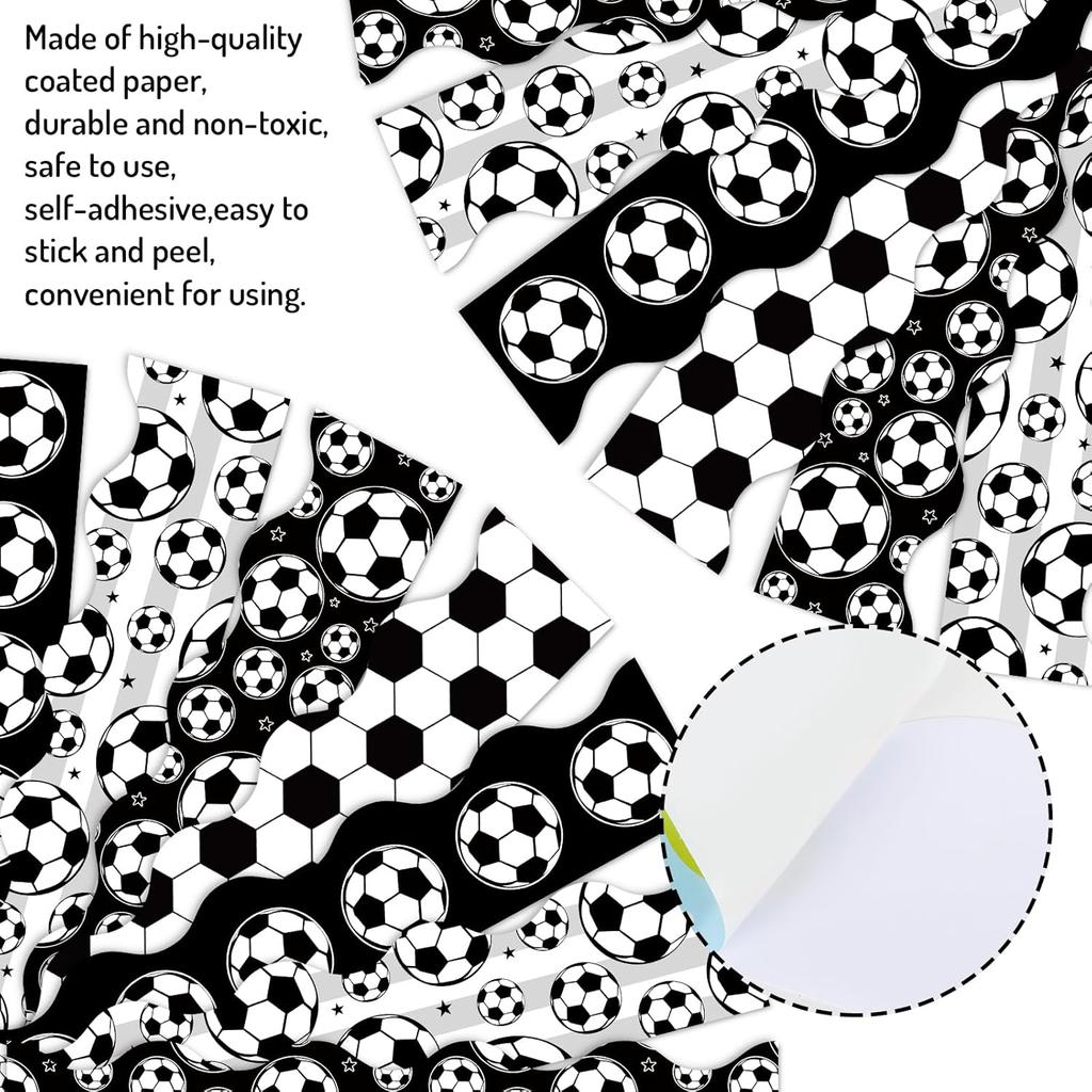 Whaline 69 Ft Soccer Ball Bulletin Board Borders Black White Sport Self-Adhesive Border Trim Scalloped Border Sticker Decals for Home Classroom Party