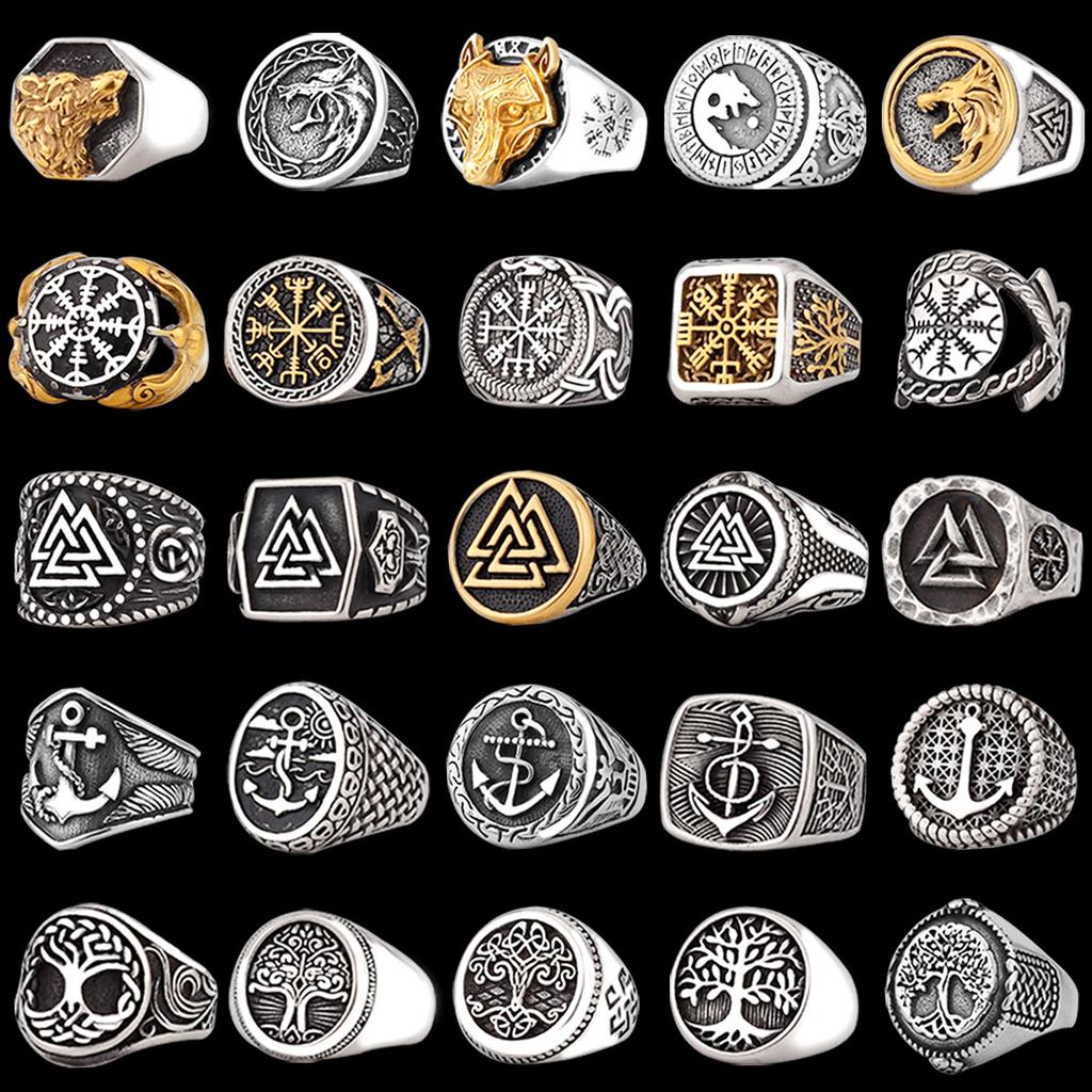 Viking Stainless Steel Ring Anchor Compass Tree of Life Nordic Viking Rune Wolf Men and Women Ring Jewelry for Boyfriend as Gift