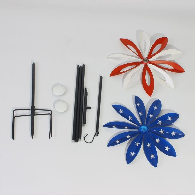 Metal Windmill Feature With Bright Red And Dark Blue Blades Great For Garden Landscape Lawn Yard And Deck Enhancement